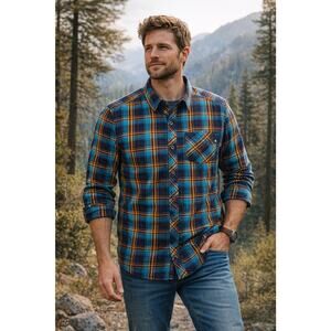Marmot Men’s Plaid Flannel Shirt Medium Blue Orange Cotton Blend Outdoor